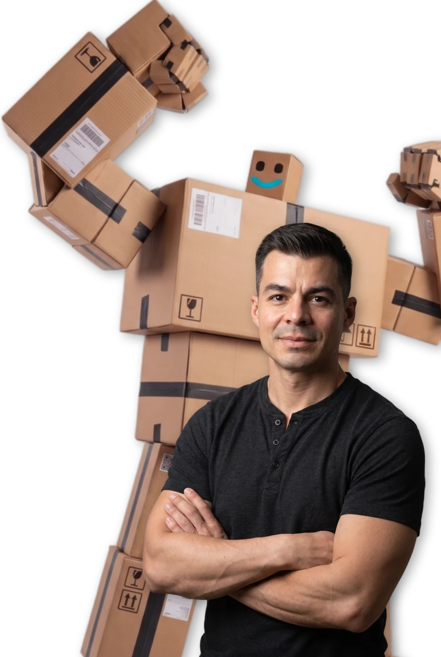 Walter Stephani, dahinter der Karton-Roboter in Bodybuilder-Pose