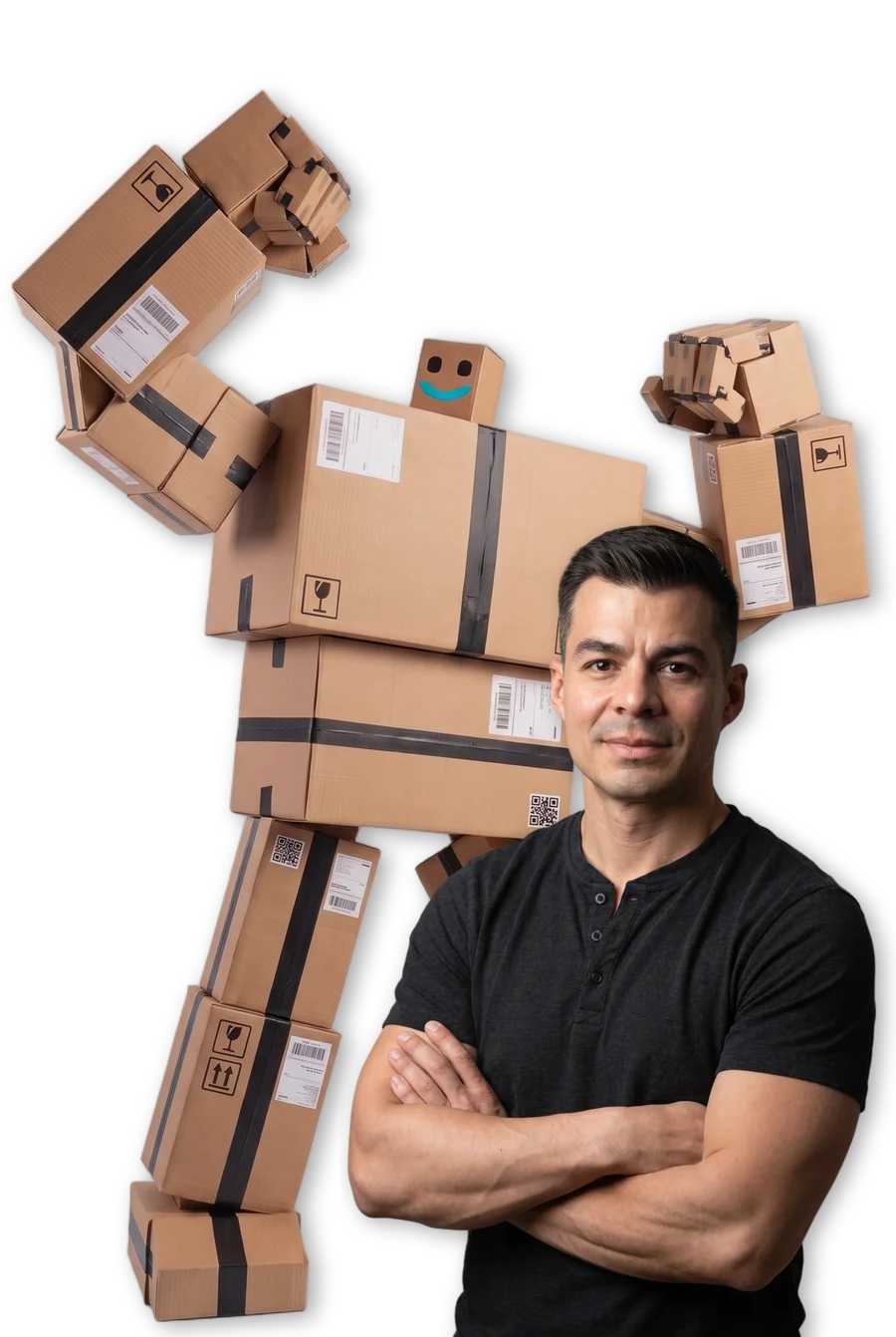 Walter Stephani, dahinter der Karton-Roboter in Bodybuilder-Pose