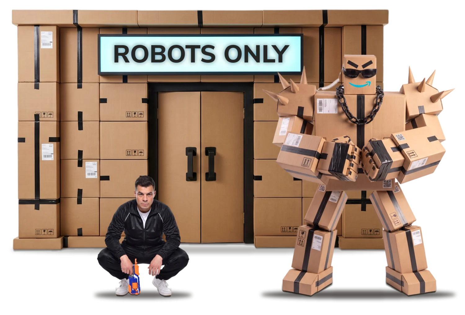 Walter Stephani hockt im Trainingsanzug mit Spielzeug-Blaster vor einer Karton-Fassade mit dem Leuchtschild ROBOTS ONLY, daneben sein Karton-Roboter Buddy als Türsteher mit Sonnenbrille, Kette und Stachel-Schultern.